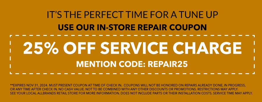 TIME FOR A TUNE UP? USE OUR IN-STORE REPAIR COUPONS. WE SELL THE BEST & SERVICE THE REST. N-STORE, CURBSIDE AND MAIL IN SERVICE NOW AVAILABLE. EMAIL JOHN.DOUTHAT@ALLBRANDS.COM. 25% OFF SERVICE CHARGE - NON-COMPUTERIZED, NON-ELECTRONIC MECHANICAL SEWING MACHINE SERVICES. 25% OFF SERVICE CHARGE - COMPUTER SEWING, EMBROIDERY, SERGER AND CONVERHEM MACHINE SERVICES. 25% OFF SERVICE CHARGE - MULTINEEDLE, LONGARM, AND INDUSTRIAL MACHINE SERVICES. MUST PRESENT COUPON AT TIME OF CHECK IN.  COUPONS WILL NOT BE HONORED ON REPAIRS ALREADY DONE, IN PROGRESS, OR ANY TIME AFTER CHECK IN. NO CASH VALUE. NOT TO BE COMBINED WITH ANY OTHER DISCOUNTS OR PROMOTIONS. RESTRICTIONS MAY APPLY. SEE YOUR LOCAL ALLBRANDS RETAIL STORE FOR MORE INFORMATION. DOES NOT INCLUDE PARTS OR THEIR INSTALLATION COSTS. SERVICE TIME MAY APPLY.