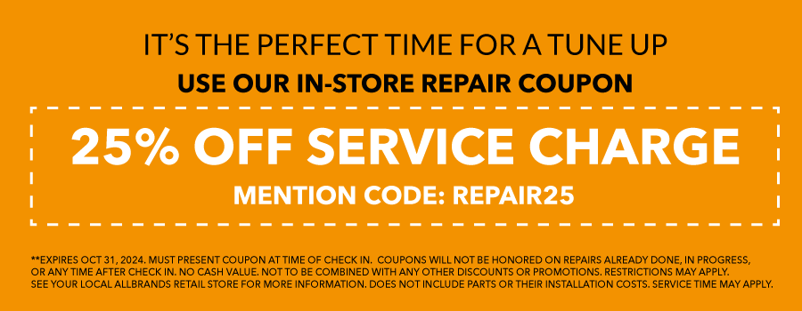 TIME FOR A TUNE UP? USE OUR IN-STORE REPAIR COUPONS. WE SELL THE BEST & SERVICE THE REST. N-STORE, CURBSIDE AND MAIL IN SERVICE NOW AVAILABLE. EMAIL JOHN.DOUTHAT@ALLBRANDS.COM. 25% OFF SERVICE CHARGE - NON-COMPUTERIZED, NON-ELECTRONIC MECHANICAL SEWING MACHINE SERVICES. 25% OFF SERVICE CHARGE - COMPUTER SEWING, EMBROIDERY, SERGER AND CONVERHEM MACHINE SERVICES. 25% OFF SERVICE CHARGE - MULTINEEDLE, LONGARM, AND INDUSTRIAL MACHINE SERVICES. MUST PRESENT COUPON AT TIME OF CHECK IN.  COUPONS WILL NOT BE HONORED ON REPAIRS ALREADY DONE, IN PROGRESS, OR ANY TIME AFTER CHECK IN. NO CASH VALUE. NOT TO BE COMBINED WITH ANY OTHER DISCOUNTS OR PROMOTIONS. RESTRICTIONS MAY APPLY. SEE YOUR LOCAL ALLBRANDS RETAIL STORE FOR MORE INFORMATION. DOES NOT INCLUDE PARTS OR THEIR INSTALLATION COSTS. SERVICE TIME MAY APPLY.