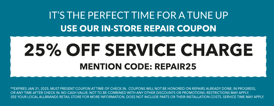 TIME FOR A TUNE UP? USE OUR IN-STORE REPAIR COUPONS. WE SELL THE BEST & SERVICE THE REST. N-STORE, CURBSIDE AND MAIL IN SERVICE NOW AVAILABLE. EMAIL JOHN.DOUTHAT@ALLBRANDS.COM. 25% OFF SERVICE CHARGE - NON-COMPUTERIZED, NON-ELECTRONIC MECHANICAL SEWING MACHINE SERVICES. 25% OFF SERVICE CHARGE - COMPUTER SEWING, EMBROIDERY, SERGER AND CONVERHEM MACHINE SERVICES. 25% OFF SERVICE CHARGE - MULTINEEDLE, LONGARM, AND INDUSTRIAL MACHINE SERVICES. MUST PRESENT COUPON AT TIME OF CHECK IN.  COUPONS WILL NOT BE HONORED ON REPAIRS ALREADY DONE, IN PROGRESS, OR ANY TIME AFTER CHECK IN. NO CASH VALUE. NOT TO BE COMBINED WITH ANY OTHER DISCOUNTS OR PROMOTIONS. RESTRICTIONS MAY APPLY. SEE YOUR LOCAL ALLBRANDS RETAIL STORE FOR MORE INFORMATION. DOES NOT INCLUDE PARTS OR THEIR INSTALLATION COSTS. SERVICE TIME MAY APPLY.