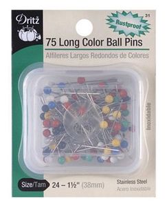 Dritz D31, Long Colored Ball Straight Pins 1-1/2in Stainless Steel, 75ct Box