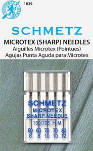 95759: Schmetz Needle S-1839 Microtex 5pk Assortment 2 sz60, 2 sz70 & 1 sz80 x 10pkg/box Equals 50 Total Assorted Size Needles