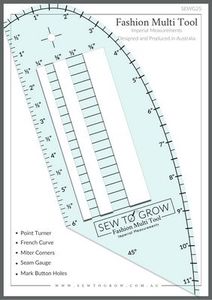 96418: Sew to Grow SWTGG25 Fashion Multi Tool Ruler, French curve, seam gauge, point turner, mitering tool, hemmer and for button hole placement