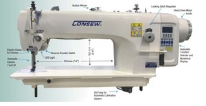 98474: Consew 2206RB-14-7DD Direct Drive Sewing Machine 14" Arm, Drop Feed, Needle Feed, Walking Feet, Auto Thread Trimming, Auto Foot Lift, Oil Pump, Stand