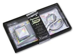 99225: Klasse B4725 Iridescent Scissors Shears Bent Trimmers, 3pc Boxed Gift Set, Zippered Storage Pouch, Holographic Silver PU Retractable Tape Measure 60"