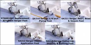 Brother Serger 5-Feet Combo SA210 Piping, SA211 Pearl Bead Sequin SA212 Elastic Metering, and SA213 Gathering Shirring Foot, X67771001 Blind Hem Foot for 1034D Overlock Machines