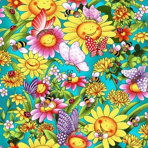 Blank Quilting Pixie Patch 1552-75 Turquoise Sunflowers with butterflies