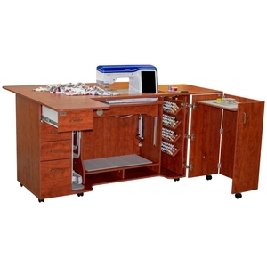 Horn 8479, Tall 36.5in Sewing Quilting Embroidery Machine Cabinet & Cutting Table 79x70in, 375Lbs, Drop Leaf, Electric Lift Platform 31x15.5in Opening