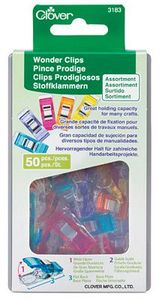 Clover Needlecraft CL3183, Wonder Clips 50ct Assorted Colors, 1/4in & 1/2in seam allowance marks on base of clip