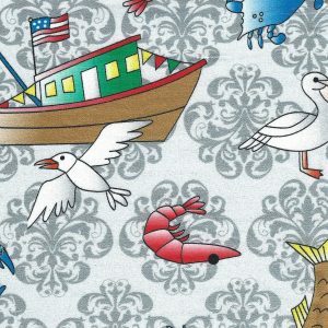 Fabric Finders 2480 Pelicans and Shrimp Print Fabric: Grey
