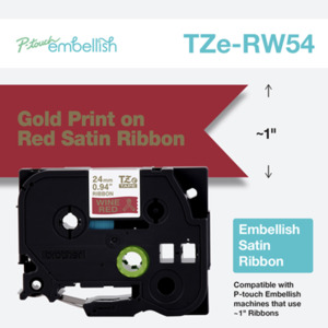 Brother TZERW54 P-touch Embellish Gold on Red Satin Ribbon ~1” (24mm) x 13.1’ (4m)