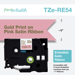 Brother TZERE54 P-touch Embellish Gold on Pink Satin Ribbon ~1” (24mm) x 13.1’ (4m)