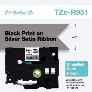 Brother TZER951 P-touch Embellish Black on Silver Satin Ribbon ~1” (24mm) x 13.1’ (4m)