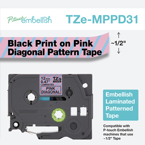 Brother TZEMPPD31MIKR P-touch Embellish Black on Pink Diagonal Laminated Tape 12mm (~1/2") x 4m