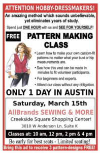 Lutterloh Pattern Making Class with Frank Lutterloh Saturday March 15, 2025 at 10AM, 12PM, 2PM or 4PM