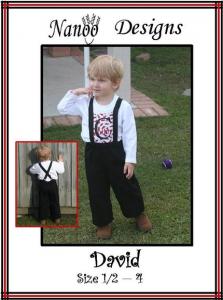 Nanoo Designs David Pants Pattern, Sizes 1/2 - 4, instructions with color pictures illustrating each step.