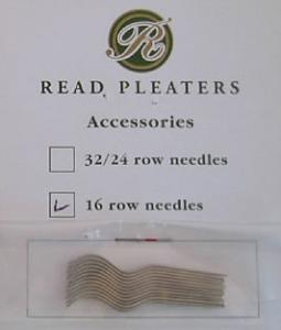 Read Pleater ,Old or New Style, 16 Row,  Pack of 12  Needles, are smaller and shorter than Read 24 & 32 Row Pleater Needles, and are not interchangeable, Read Pack 12 Needles. 35mm or 1.375" Long for Original Old & New Style 16 Row Pleater, Not Interchangeable with Read 24 & 32 Row Pleater Longer Needles