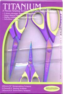 Sullivans 3 Piece Titanium Scissor Set with Soft Grip Inlays, 10" Dressmaking Scissors, 8.5" Sewing Scissors & 5.5" Embroidery Scissors