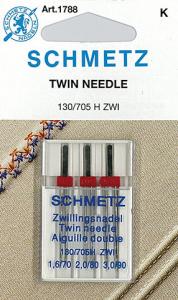 Schmetz S1788 Schmetz 3 Twin Double Needle Assortment Gauge 1.6mmW, Size 10/70, 2.0mm x 12/80 & 3.0mm x 14/90 Top Stitching, Decorative, Pintucking