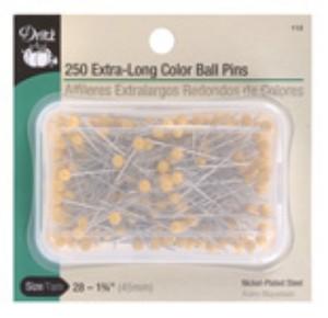 Dritz #112 Extra Long Yellow Color Ball Head Pins Size 28, 1 3/4" Long,  250 Count, Nickel Plated Steel Shank
