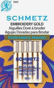 Schmetz S1824, 50 Gold Embroidery Machine Needles 130/705H-ET, Titanium Coat Lasts 3 Times Longer,  Enlarged Eye, 10 Packs of  5 Needles, Size 75/11