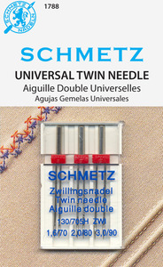 Schmetz 3 Twin Needle Assortment - One Each of Sizes 1.6/70, Needle Distance 1.6mm, 10/70 2.0/80, Needle Distance 2.0mm, 12/80, 3.0/90, Needle Distance 3.0mm, 14/90, Pintucking, Topstitching, Sewing Machines