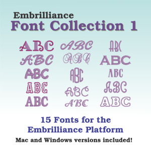 Embrilliance Fonts Collection 1, BB-FNT01,  FNT01 , 15 fonts,  Summer, Bethany, Elementry, Carnival, Big D, Princess, Fancy, RoundUp, Izzie, Rounded Monogram, Mendocina, Pence, Tiberius, Script, Tahoe