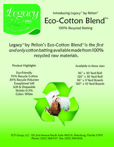 44200: Legacy by Pellon IR-96 Eco Cotton Blend 96" x 30 yds Needle Punched Batting with Scrim