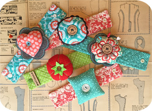 Embroidery, Garden, Wrist, Pincushions, Set, needle, pin, tomato, Embroidery Garden #44 Wrist Pincushions Set Designs on CD, Heart, Flower, Round and Square Shaped Pincushions.