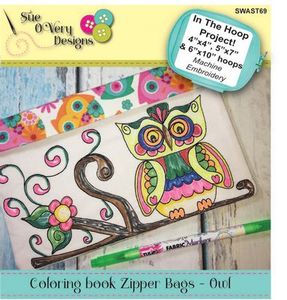 87929: Sue OVery Designs SWAST69 Coloring Book Zipper Bags, Owl Design In The Hoop CD