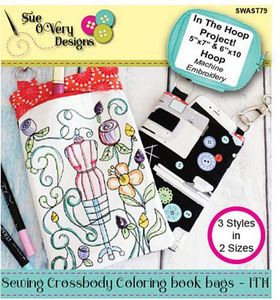 87936: Sue O'Very Designs SWAST79 Sewing Crossbody Coloring Book Bags - ITH