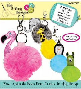 Sue O'Very Designs SWAST100 Zoo Animals Pom Pom Cuties In the Hoop