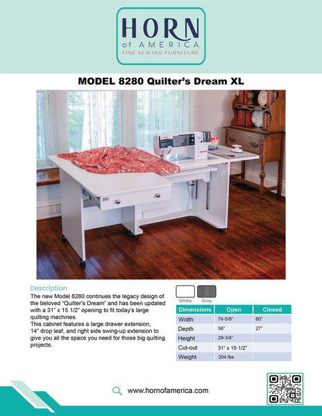 Horn 8280 Quilter's Dream Deluxe Sewing Cabinet 75x56 with 14 Leaf,  Opening 31”x15-1/2” at