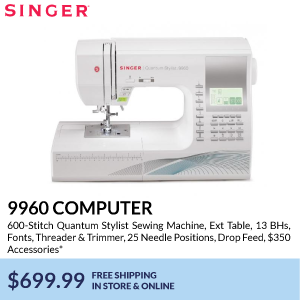 singer 9960 computer. 600-Stitch Quantum Stylist Sewing Machine, Ext Table, 13 BHs, Fonts, Threader & Trimmer, 25 Needle Positions, Drop Feed, $350 Accessories*. $599.99. free shipping in store & online